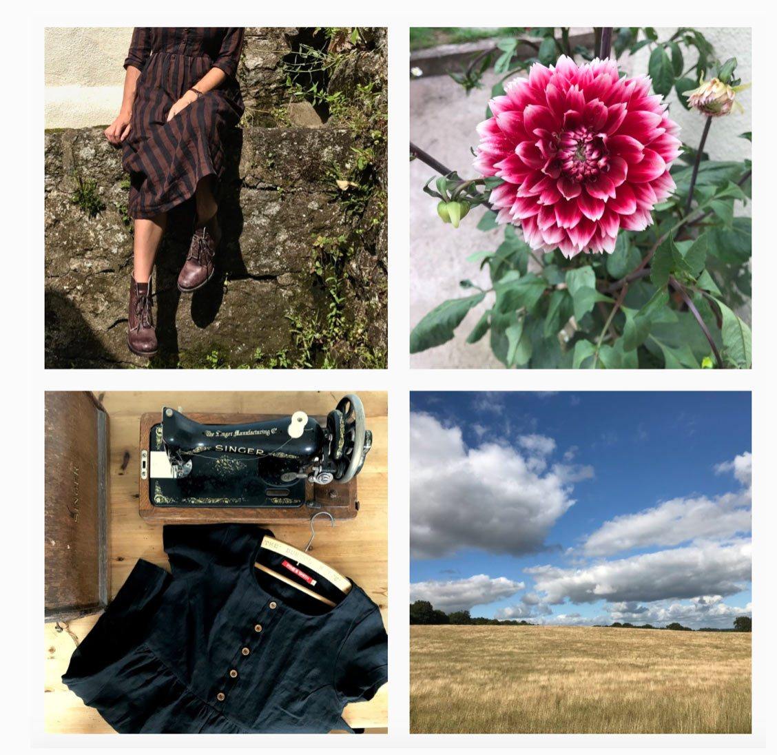 Montage of linen dress flower sewing machine and field