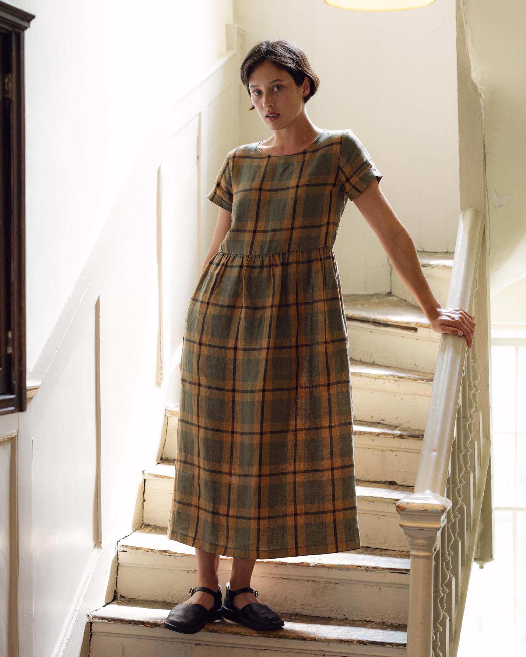 Full length linen tea dress with pockets in green, tan and black The George Plaid